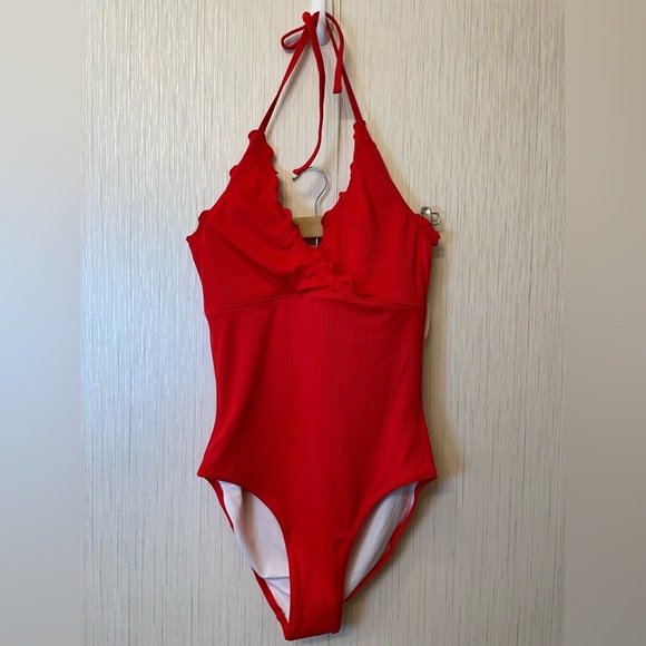 New With Tags Old Navy Red Ruffle Halter One-Piece Swimsuit Ribbed Texture Small - Picture 1 of 7